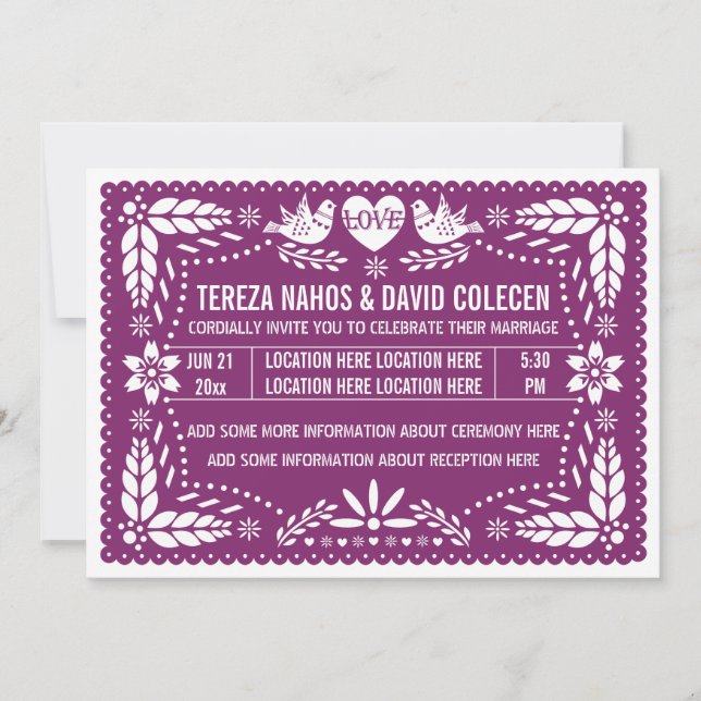 Convite Papel picado ama pássaros casamento roxo (Frente)