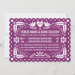 Convite Papel picado ama pássaros púrpura fiesta casamen