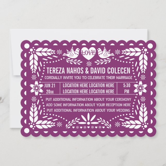 Convite Papel picado ama pássaros púrpura fiesta casamento (Frente)