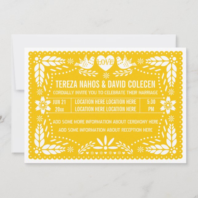 Convite Papel picado amor aves casamento amarelo (Frente)