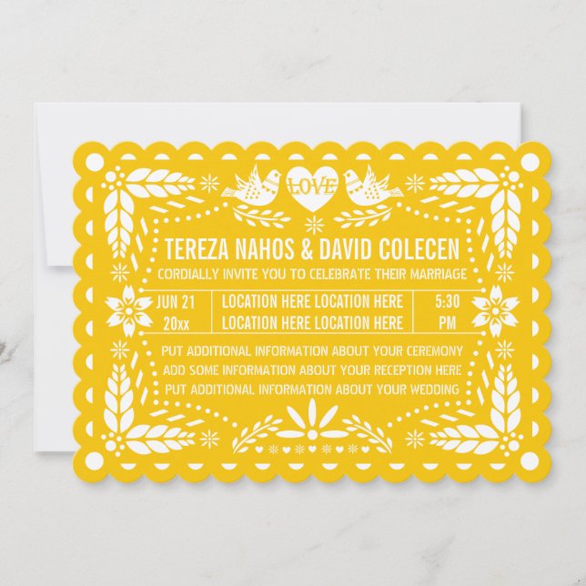 Convite Papel picado amor pássaros amarelo fiesta casament (Frente)