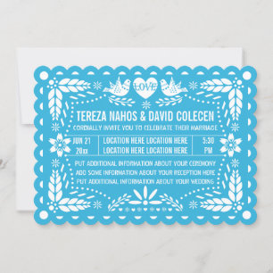 Convite Papel picado amor pássaros azul fiesta casamento