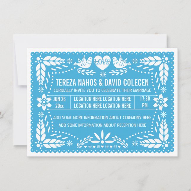 Convite Papel picado amor pássaros casamento azul (Frente)