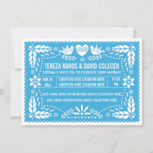 Convite Papel picado amor pássaros casamento azul