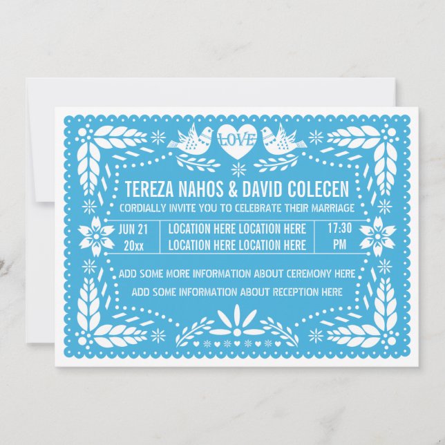 Convite Papel picado amor pássaros casamento azul (Frente)