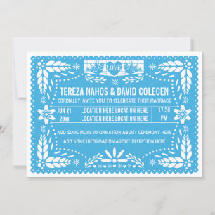 Convite Papel picado amor pássaros casamento azul