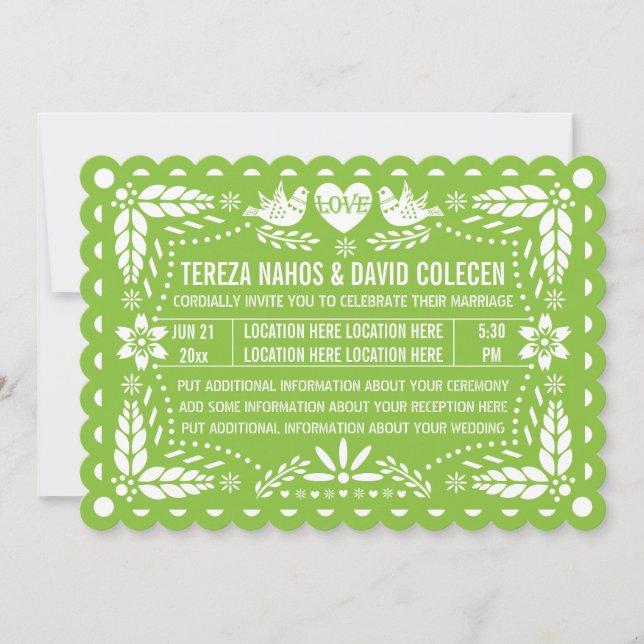 Convite Papel picado amor pássaros verdes fiesta casamento (Frente)