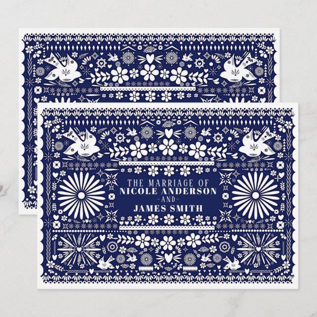 Convite Papel Picado Azul Branco Casamento Mexicano (Frente/Verso)