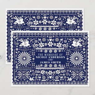 Convite Papel Picado Azul Branco Casamento Mexicano
