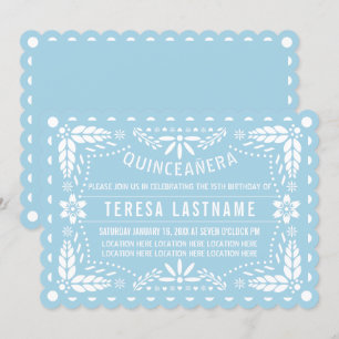 Convite Papel picado, azul claro e branco, Quinceañera