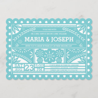 Convite Papel Picado Azul De Casamento