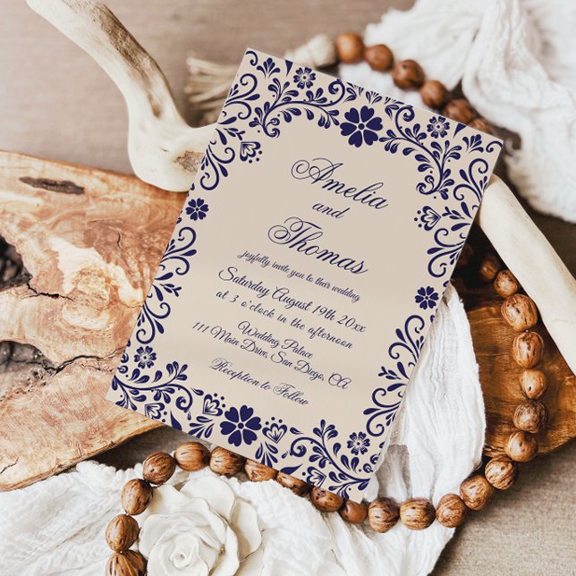 Convite Papel Picado Beige Blue Mexican Wedding  (Criador carregado)