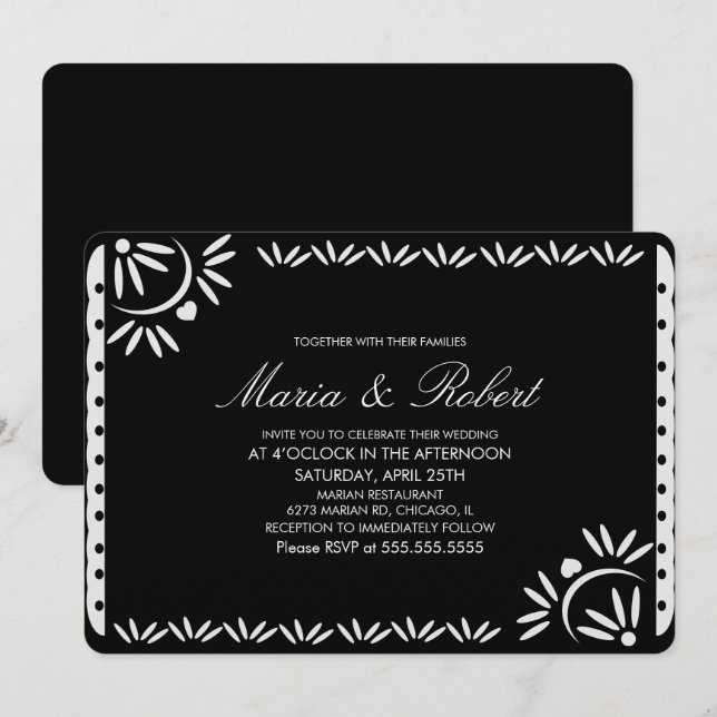 Convite Papel Picado Botânico Mexicano Casamento Preto (Frente/Verso)