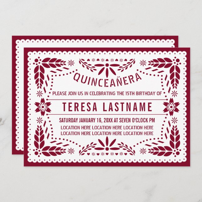Convite Papel picado burgundy, branco mexicano Quinceañera (Frente/Verso)