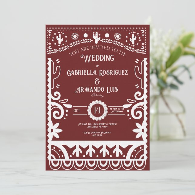 Convite Papel Picado Burgundy & White Wedding Invitation (Em pé/Frente)