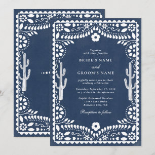 Convite Papel Picado Casamento Mexicano Rústico Azul Casam