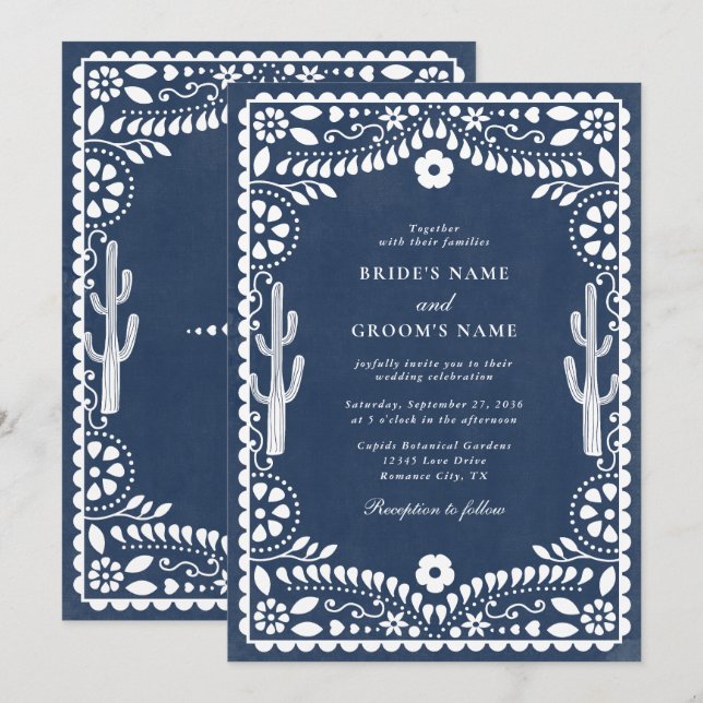 Convite Papel Picado Casamento Mexicano Rústico Azul Casam (Frente/Verso)