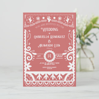Convite Papel Picado Coral Pink & White Wedding Invitation