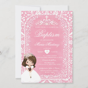 Convite Papel Picado de Talavera Rosa e Branco para Batism