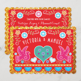 Convite Papel Picado Dourada Glitter