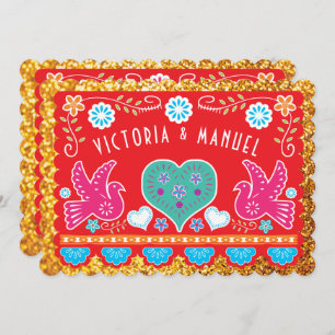 Convite Papel Picado Dourada Glitter