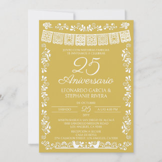 Convite Papel Picado Dourado 25º Aniversário