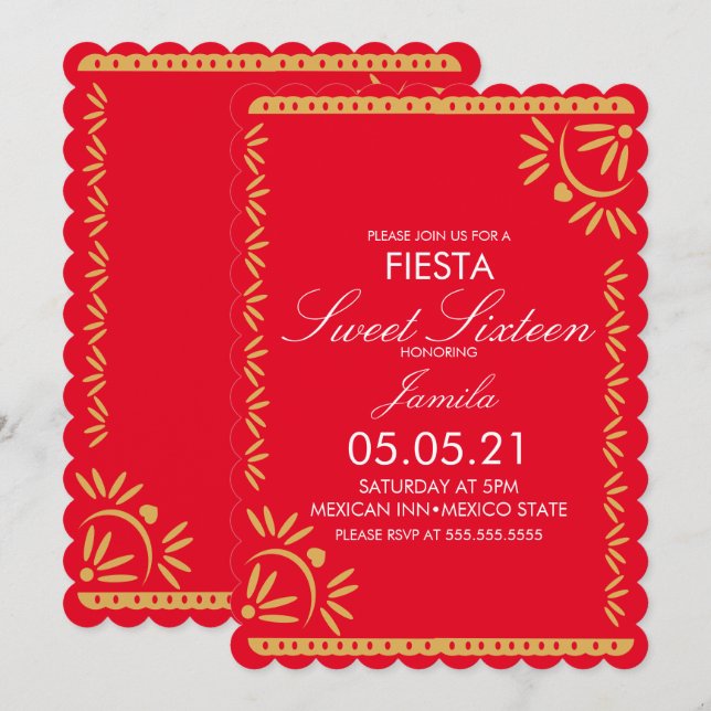 Convite Papel Picado Fiesta Sweet 16 Mexicano Scallop Red (Frente/Verso)