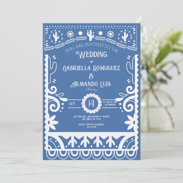 Convite Papel Picado Light Blue & White Wedding Invitation (Em pé/Frente)