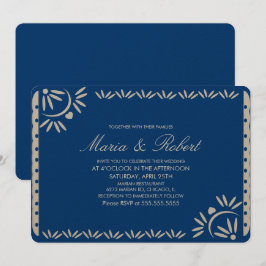 Convite Papel Picado Mexicano Casamento Botânico Blue