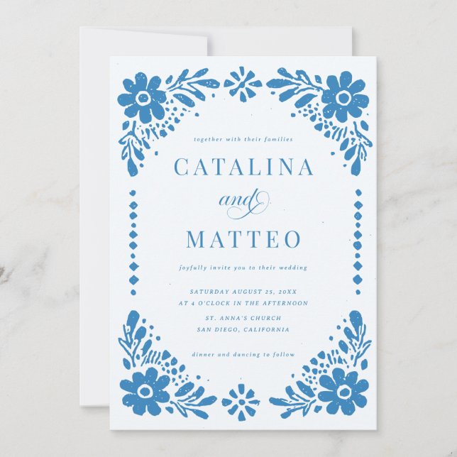 Convite Papel Picado Mexicano Desenhado à Mão Azul Boho Ca (Frente)