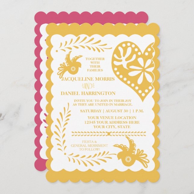 Convite Papel Picado Mexicano Fiesta Wedding Banner Dourad (Frente/Verso)