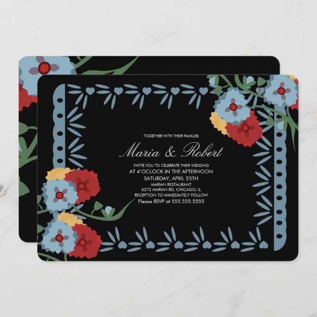 Convite Papel Picado Mexicano Florals Fiesta (Frente/Verso)