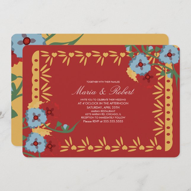 Convite Papel Picado Mexicano Florals Fiesta (Frente/Verso)