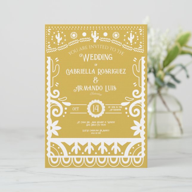 Convite Papel Picado Mustard Yellow & White Wedding  (Em pé/Frente)