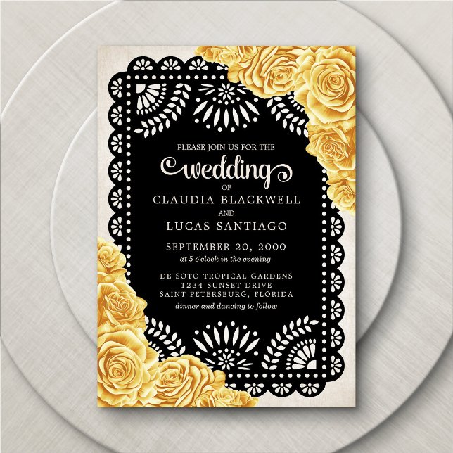 Convite Papel Picado Rosa Casamento Negro Amarelo (Criador carregado)