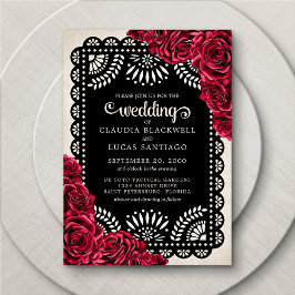 Convite Papel Picado Rosa Casamento Negro Vermelho