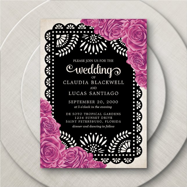Convite Papel Picado Rosa Casamento Preto Rosa (Criador carregado)