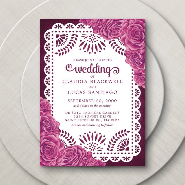 Convite Papel Picado Rosa Pink Burgundy Casamento (Criador carregado)