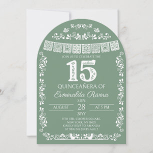 Convite Papel Picado Verde Salvia Quinceañera 15º Aniversá