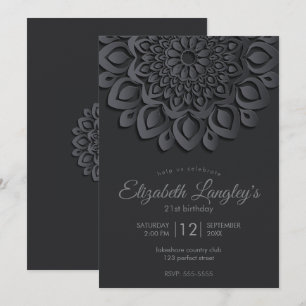Convite Papel Preto Contemporâneo Cortou Mandala Aniversár