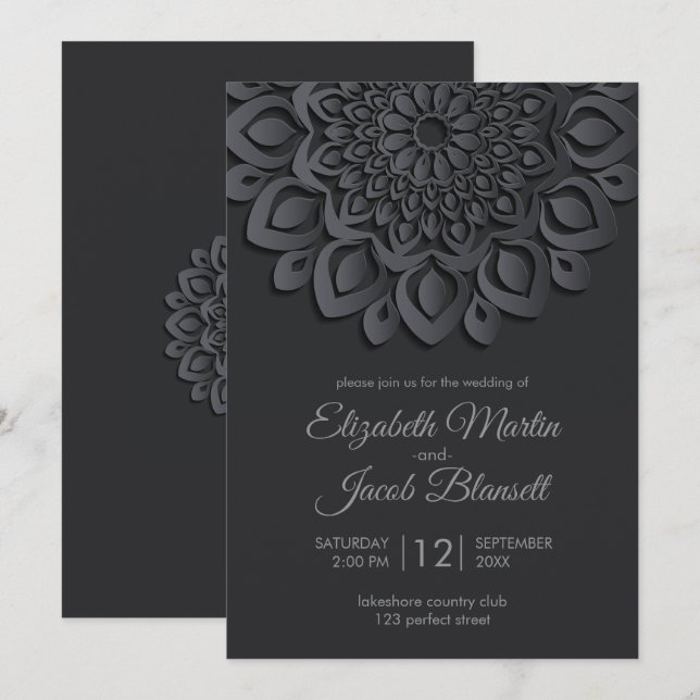 Convite Papel Preto Moderno corta Mandala Casamento (Frente/Verso)