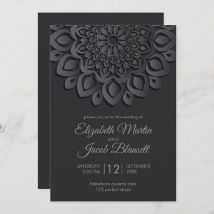 Convite Papel Preto Moderno corta Mandala Casamento
