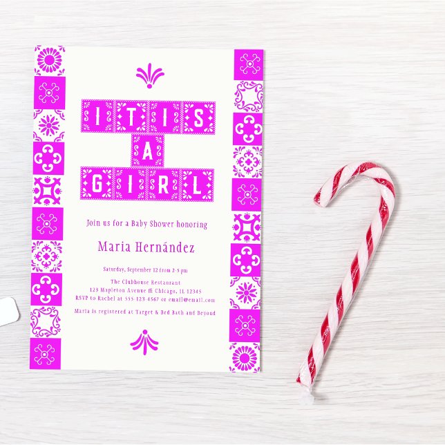 Convite Papel rosa Picado Fiesta É um Chá de fraldas femin (Criador carregado)