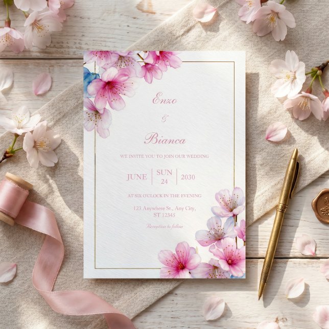 Convite Papel Texturizado Sakura Rosa Quadro Dourado Casam (Criador carregado)