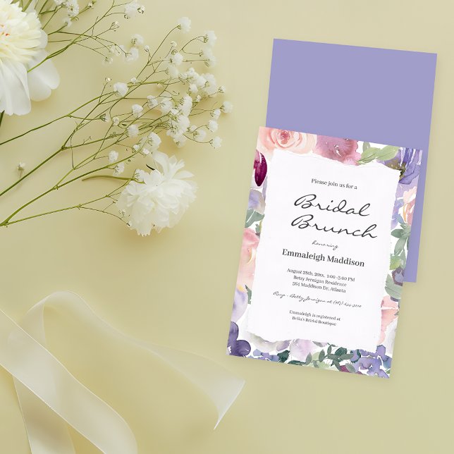 Convite Papel Torn Lilac Floral Aquarelas Bridal Brunt (Criador carregado)