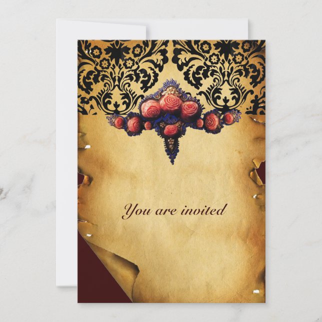 CONVITE PAPEL VEGETAL DAMASCO E ROSAS DE CORAL ROSA (Frente)