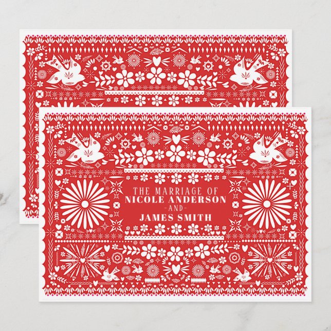 Convite Papel Vermelho e Branco Casamento Mexicano Picado (Frente/Verso)