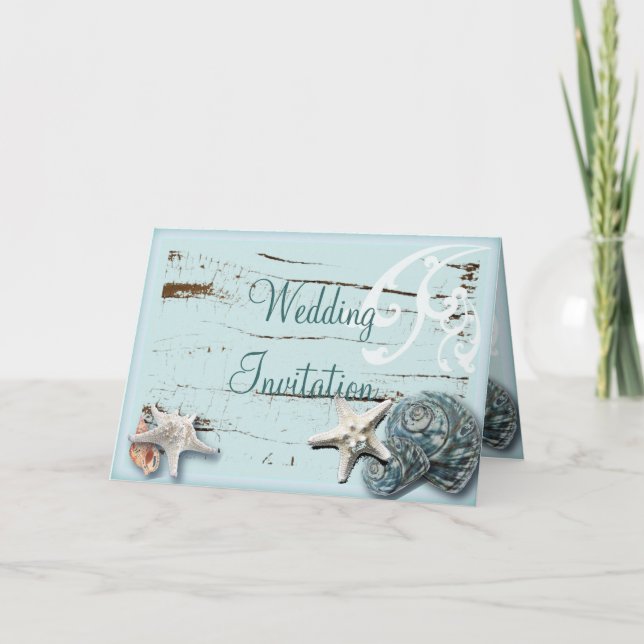 Convite Papelaria de casamento elegante de praia conchas (Frente)