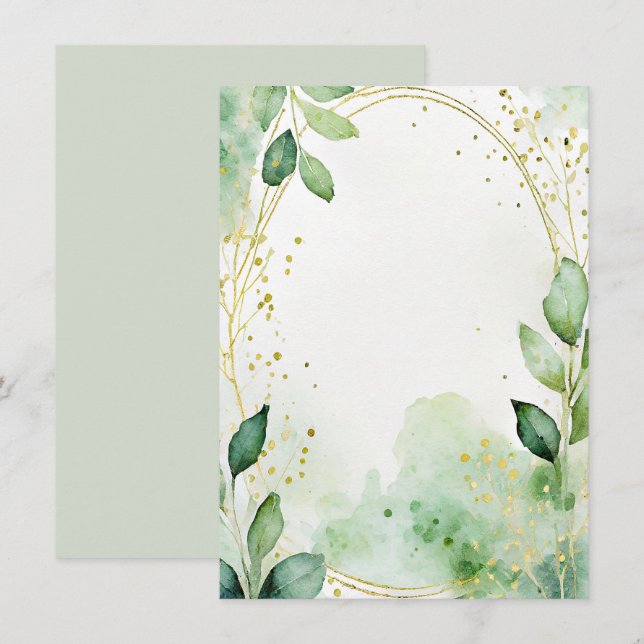 Convite Papelaria de casamento em aquarela verde e dourado (Frente/Verso)