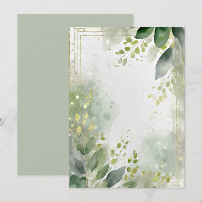 Convite Papelaria de casamento em aquarela verde e dourado (Frente/Verso)